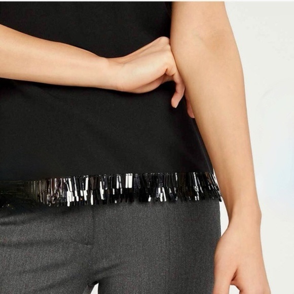 Ann Taylor Fringe Paillette Shell Tank Top Blouse Sleeveless Black Sz M - Picture 3 of 11